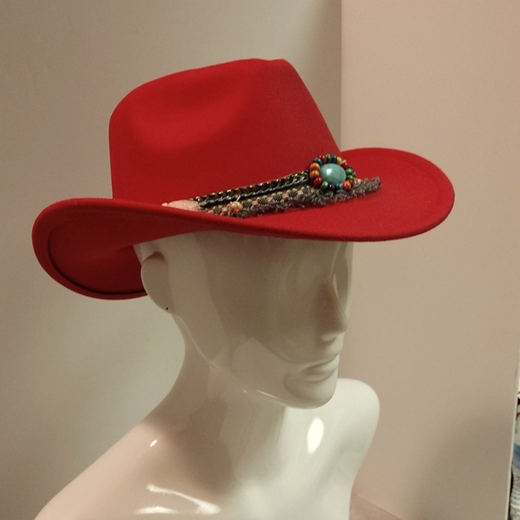 Accessories - RESERVED Southern Red Cowboy Hat Turquoise Tassels Pendants Fringe Accent Boho